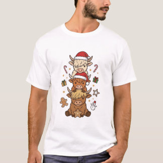 Weihnachts-Hochlandkuh-Stapel Vintage-Stich Des T-Shirt
