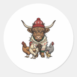 Weihnachts-Hochlandkuh und Hühner Vintage-Stich Runder Aufkleber