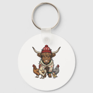 Weihnachts-Hochlandkuh und Hühner Vintage-Stich Schlüsselanhänger