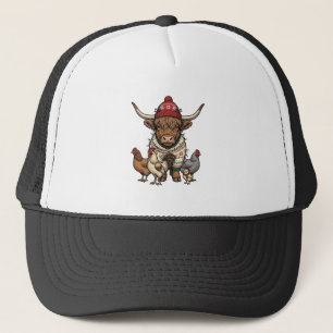 Weihnachts-Hochlandkuh und Hühner Vintage-Stich Truckerkappe