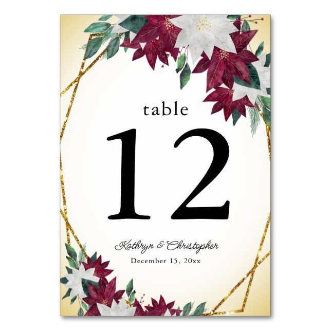 Weihnachts-Hochzeit Burgund Poinsettias und Gold Tischnummer (Vorderseite)