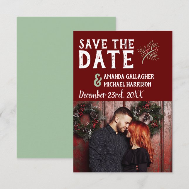 Weihnachts-Hochzeit Burgundy Sage Winter Pine Foto Save The Date (Vorne/Hinten)