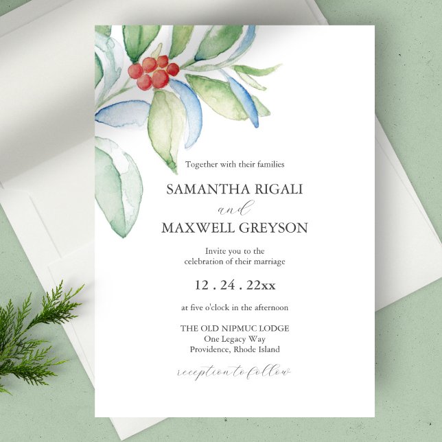 Weihnachts Hochzeit Einladung Wasserfarbengrün (Christmas wedding invitation botanical berries unique watercolor art by Victoria Grigaliunas)