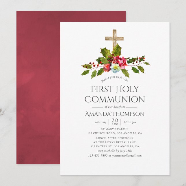 Weihnachts-Hochzeit Floral Erste Heilige Kommune Einladung (Vorne/Hinten)
