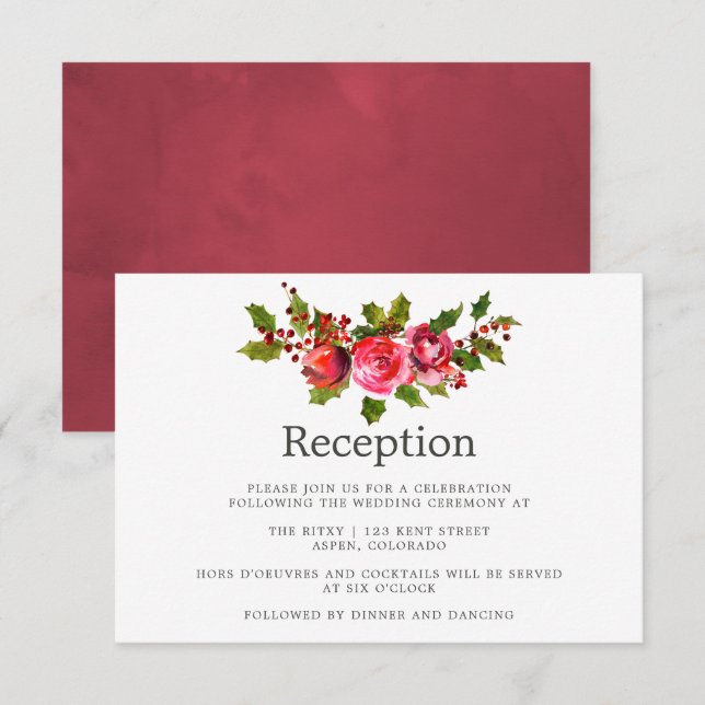Weihnachts-Hochzeit Floral Holly Empfang Einladung (Vorne/Hinten)
