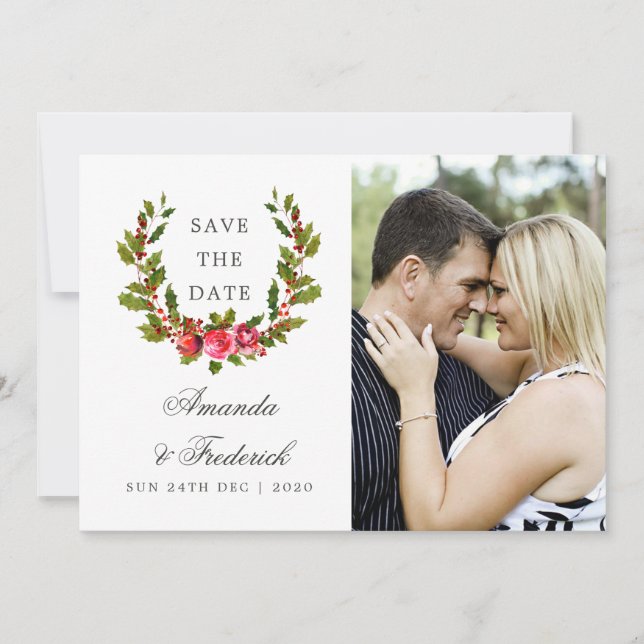 Weihnachts-Hochzeit Floral Holly Save the Date Fot (Vorderseite)