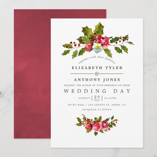 Weihnachts Hochzeit Floral Holly Wassercolor Einla Einladung (Vorne/Hinten)