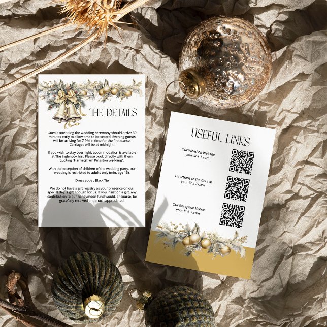 Weihnachts-Hochzeit Golden Holly Bells Details Begleitkarte (Wedding Details Enclosure Card from the Holly Bells Wedding Collection by Darling & May)