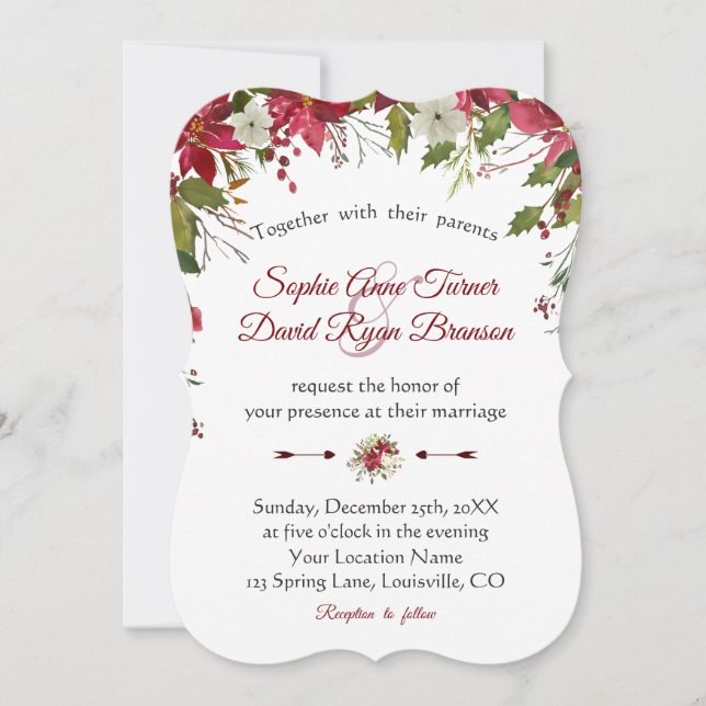 Weihnachts-Hochzeit mit Red White Poinsettia Einladung (Vorderseite)