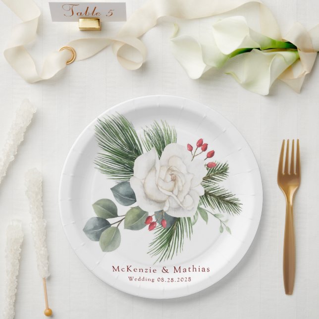 Weihnachts-Hochzeit mit Weißer Rose und Roten Bere Pappteller (Hochzeit)