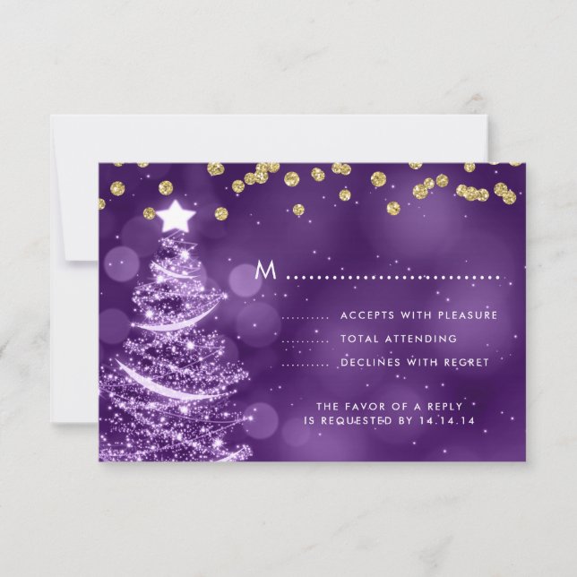 Weihnachts-Hochzeit RSVP Sparkle Tree Gold Lila (Vorderseite)