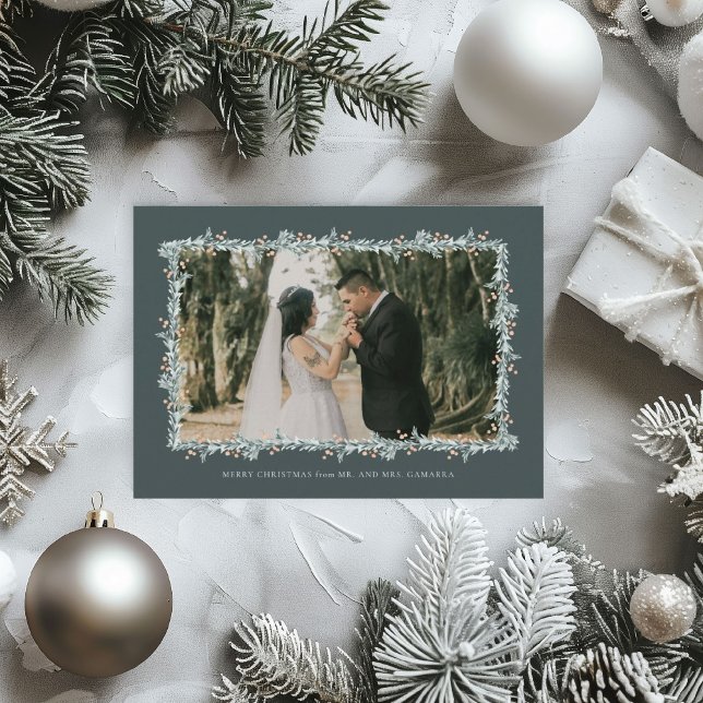 Weihnachts-Hochzeitskarte Feiertagskarte (Elegant watercolor border holiday photo card)