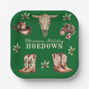 Weihnachts-Hoedown-Cowboy-Stiefel-Totenkopf-Feiert Pappteller