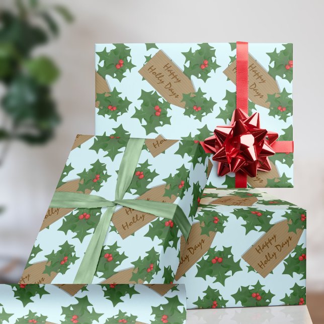 Weihnachts-Holly-Berries-Urlaubspapier Geschenkpapier (Happy Holidays and happy holly days. You can change the text on this Christmas wrapping paper)