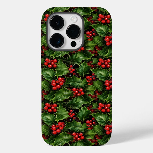 Weihnachts-Holly-Blätter und Rote Berries-Muster Case-Mate iPhone 14 Pro Hülle (Rückseite)