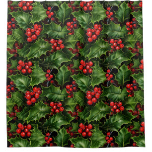 Weihnachts-Holly-Blätter und Rote Berries-Muster Duschvorhang