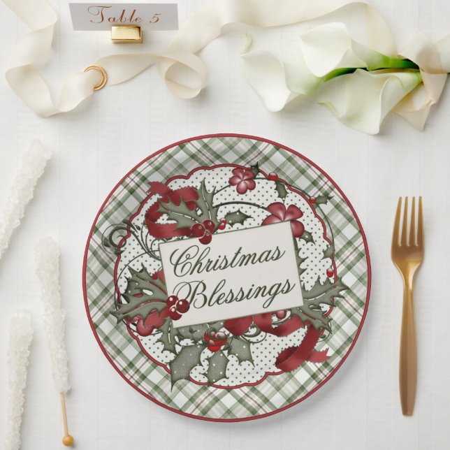Weihnachts-Holly-CHRISTMAS-BLESSINGS-Papierplatte Pappteller (Hochzeit)