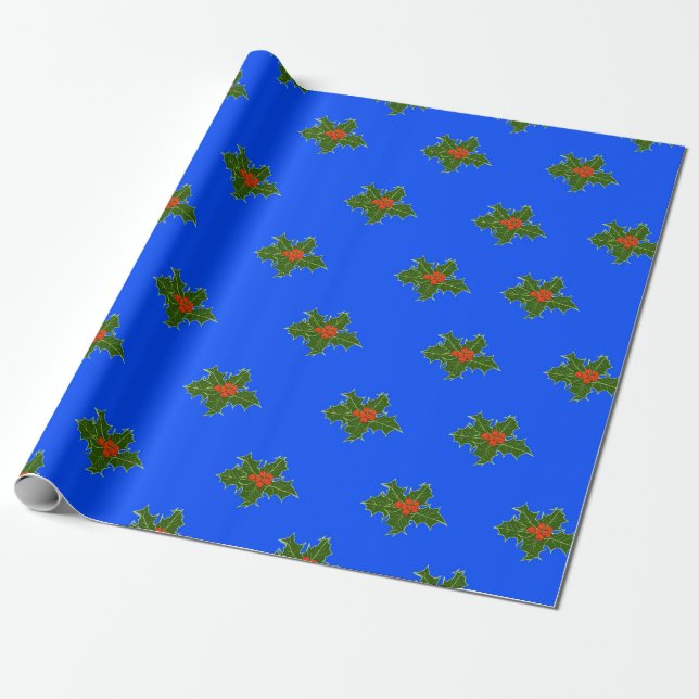 Weihnachts-Holly-Dekorationsmuster auf blau Geschenkpapier (Ungerollt)