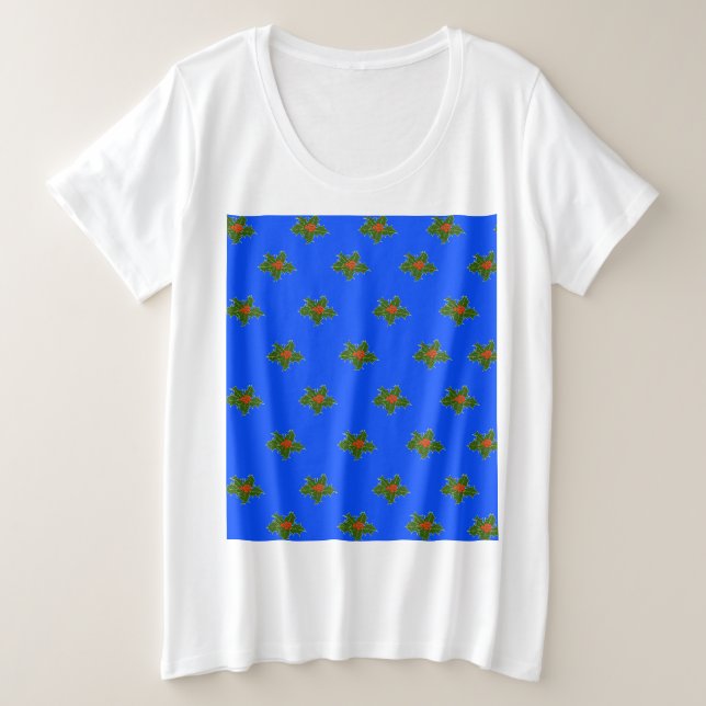 Weihnachts-Holly-Dekorationsmuster auf blau Große Größe T-Shirt (Design vorne)