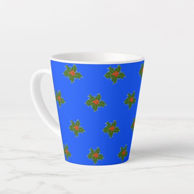 Weihnachts-Holly-Dekorationsmuster auf blau Milchtasse (Linke Ecke)