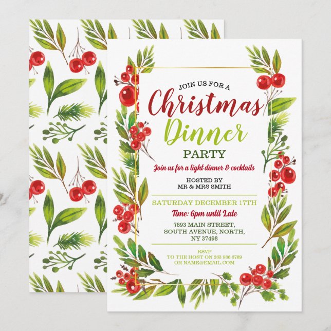 Weihnachts-Holly-Festive-Party-Blätter Einladung (Vorne/Hinten)