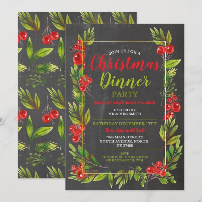 Weihnachts-Holly-Festive-Party-Blätter Einladung (Vorne/Hinten)