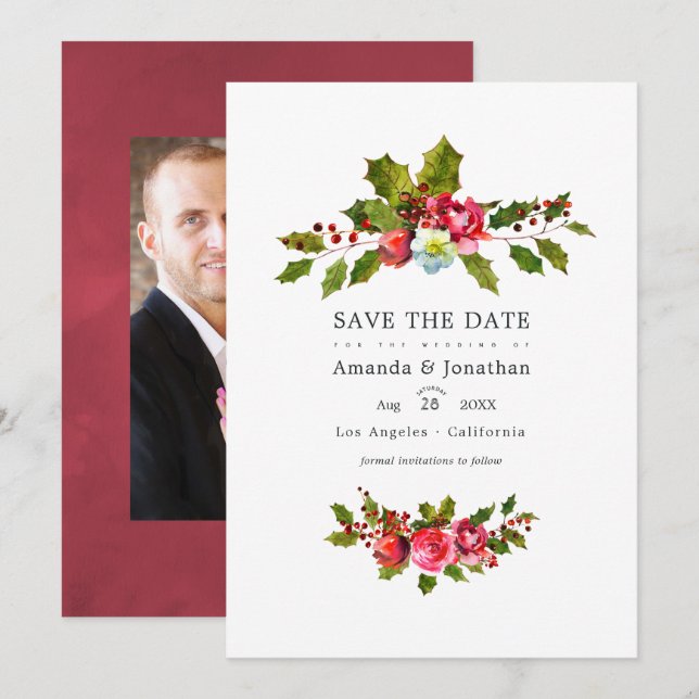 Weihnachts-Holly-Foto Save The Date (Vorne/Hinten)