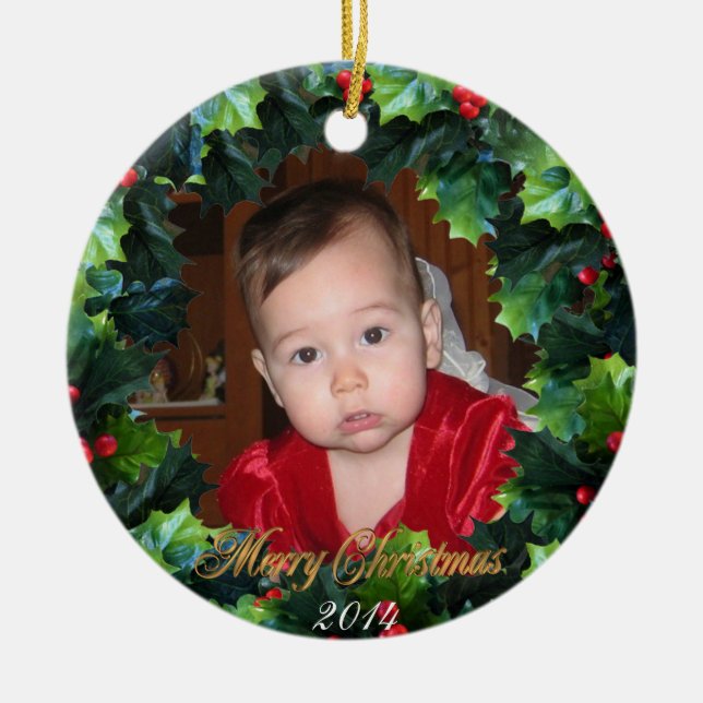 Weihnachts-Holly-Kranz-Foto Keramikornament (Vorne)