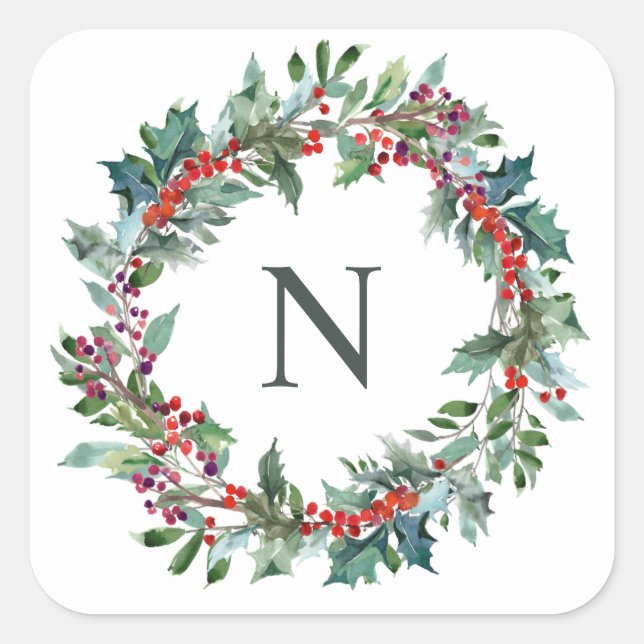 Weihnachts-Holly-Monogramm-Anfangsaufkleber Quadratischer Aufkleber (Vorderseite)