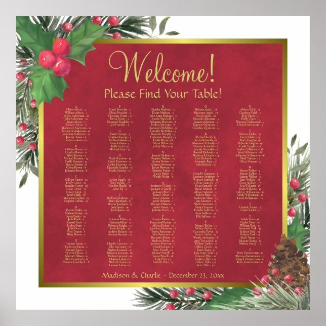 Weihnachts-Holly & Pine-Alphabetischer Sitzplan Poster (Vorne)