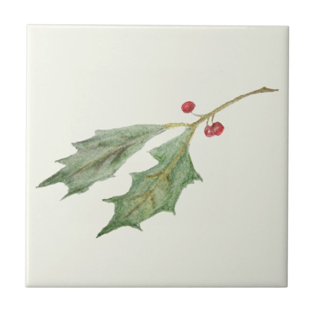 Weihnachts-Holly-Sprig-Rustikaler Botanischer Gesc Fliese (Vorderseite)