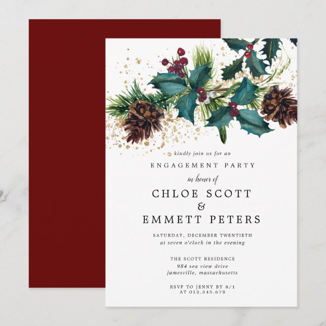 Weihnachts-Holly- und Berries-Engagement-Partei Einladung (Vorne/Hinten)