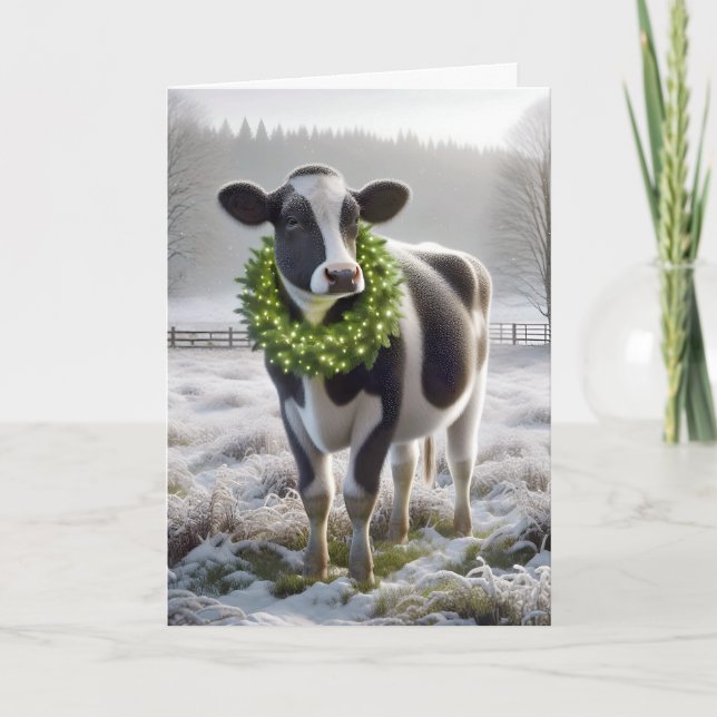 Weihnachts-Holstein-Kuh mit Feiertagsreath Feiertagskarte (Vorderseite)