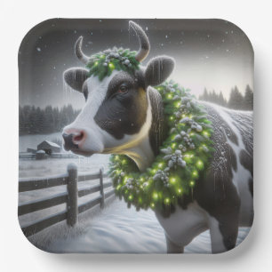 Weihnachts-Holstein-Kuh mit glühendem Kranz Pappteller