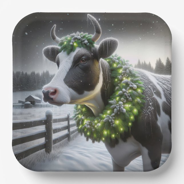 Weihnachts-Holstein-Kuh mit glühendem Kranz Pappteller (Vorderseite)