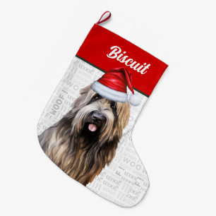 Weihnachts-Hund mit Name Woof Hintergrund Großer Weihnachtsstrumpf