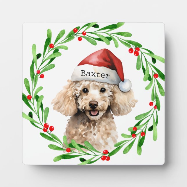 Weihnachts-Hund Poodle Weihnachtsmannmütze Urlaub Fotoplatte (Vorderseite)