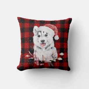 Weihnachts-Husky auf Buffalo Plaid   Kissen