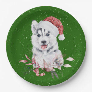 Weihnachts-Husky auf Grün Pappteller