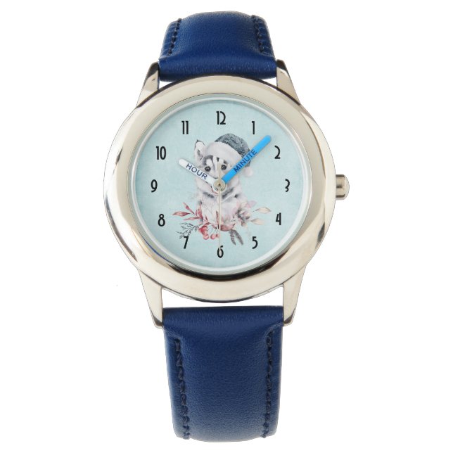 Weihnachts-Husky-Hund in einer Weihnachtsmannmütze Armbanduhr (Vorderseite)