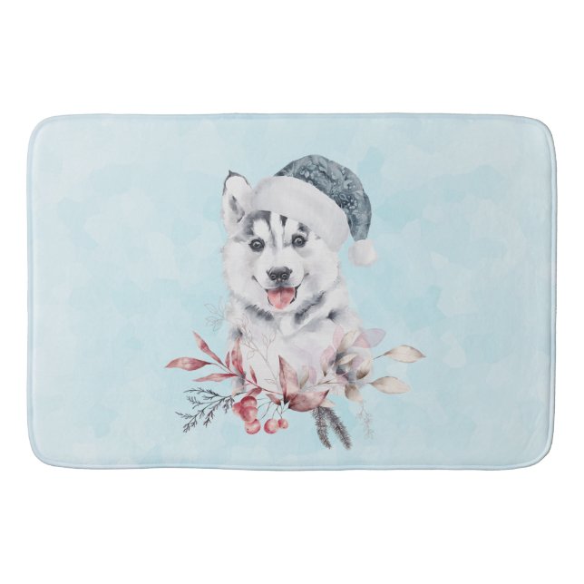 Weihnachts-Husky-Hund in einer Weihnachtsmannmütze Badematte (Vorderseite)