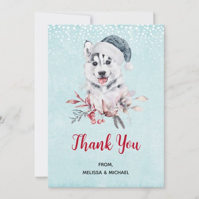 Weihnachts-Husky-Hund in einer Weihnachtsmannmütze Dankeskarte (Vorderseite)