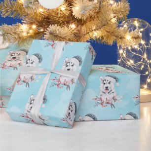 Weihnachts-Husky-Hund in einer Weihnachtsmannmütze Geschenkpapier