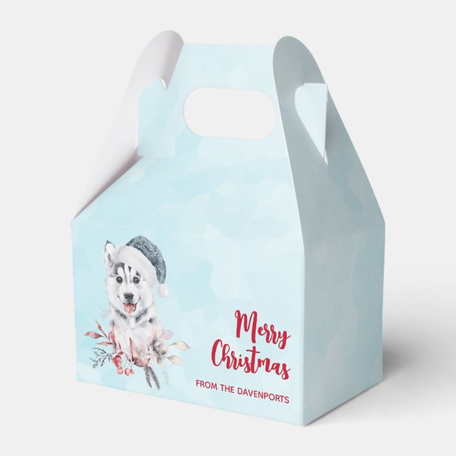 Weihnachts-Husky-Hund in einer Weihnachtsmannmütze Geschenkschachtel (Vorderseite)
