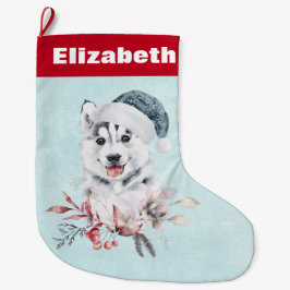 Weihnachts-Husky-Hund in einer Weihnachtsmannmütze Großer Weihnachtsstrumpf