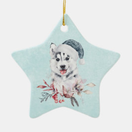 Weihnachts-Husky-Hund in einer Weihnachtsmannmütze Keramik Ornament