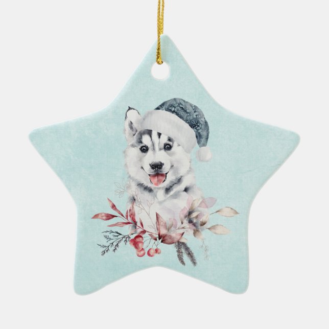 Weihnachts-Husky-Hund in einer Weihnachtsmannmütze Keramik Ornament (Vorne)