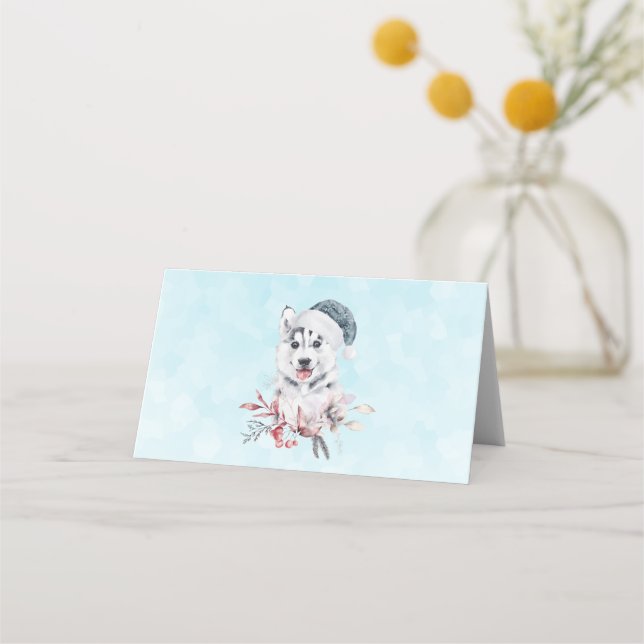 Weihnachts-Husky-Hund in einer Weihnachtsmannmütze Platzkarte (Vorderseite)