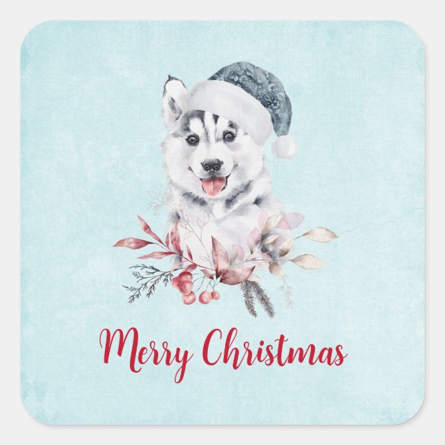 Weihnachts-Husky-Hund in einer Weihnachtsmannmütze Quadratischer Aufkleber (Vorderseite)