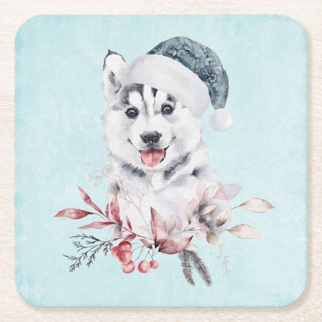 Weihnachts-Husky-Hund in einer Weihnachtsmannmütze Rechteckiger Pappuntersetzer (Vorderseite)